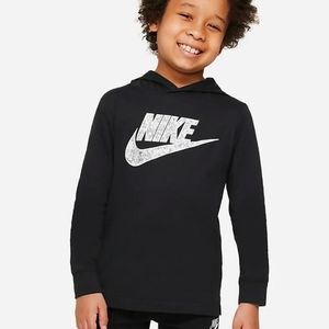 Nike Camo Swoosh Little Boys Black Long Sleeve Hooded Logo Tee Shirt Sz M 5-6yrs